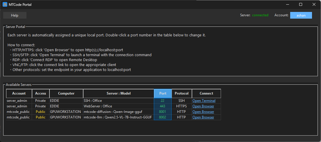 MTCode Portal showing authorized services and their local port mappings