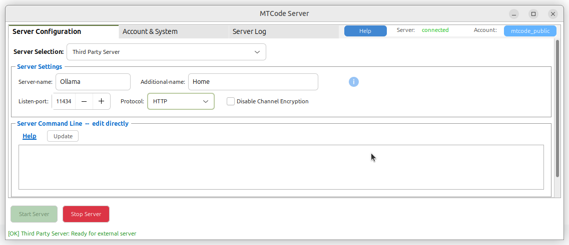 MTCode Server desktop interface configured to publish an SSH service
