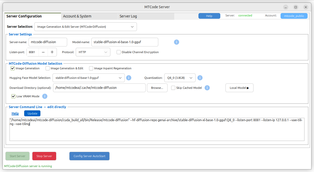 MTCode Server image model category and Hugging Face model selection interface